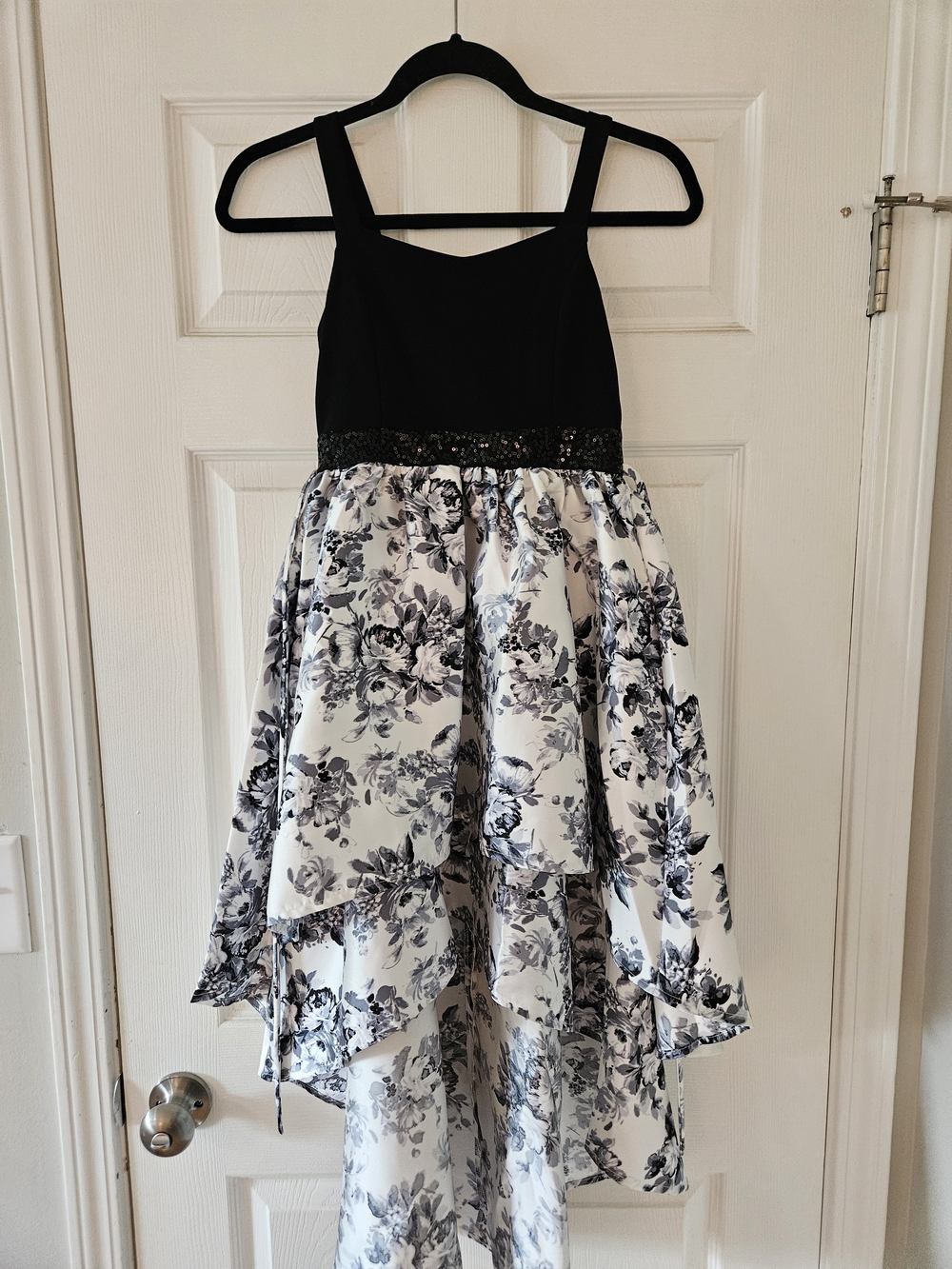 Bonnie Jean Black Bodice White Floral High-Low Dress